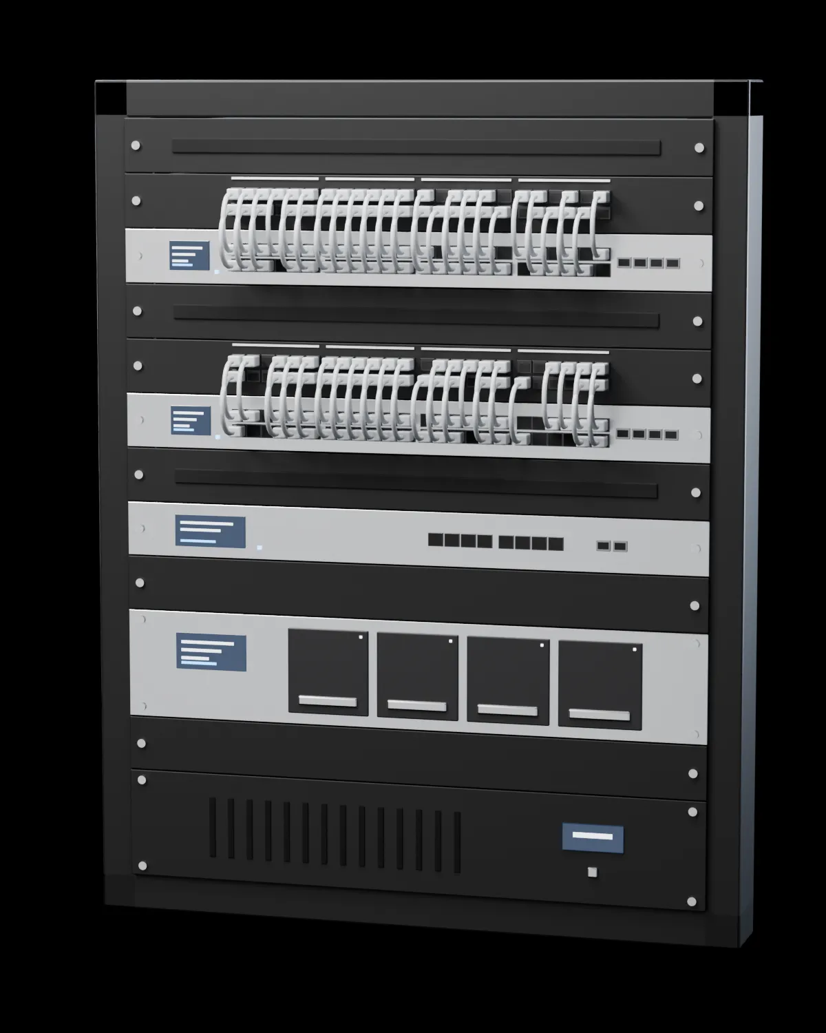 A network rack with two 48-port switches, patch panels, a gateway, an NVR, and a UPS